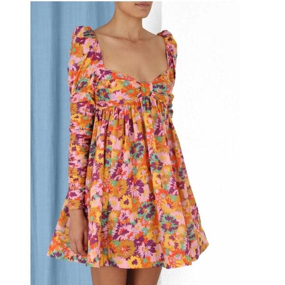 Zimmermann Violet Twist Front Mini Dress Mustard Multi Floral Orange Sz 4 - Picture 14 of 16
